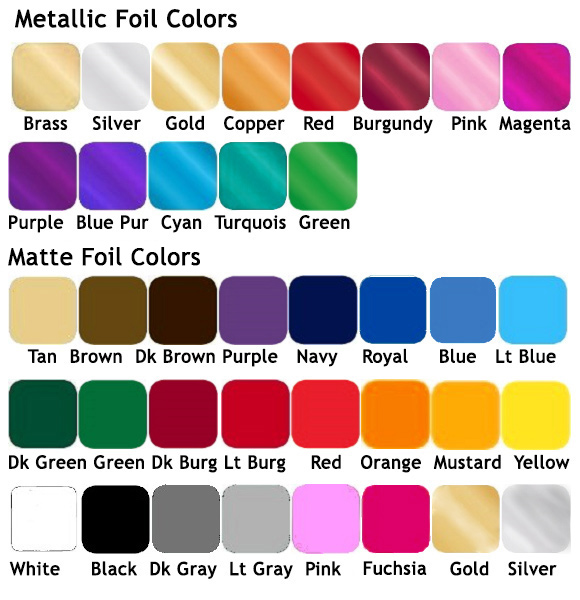 Foil Color Chart for Menu Covers, Wine List Covers, Check Presenters. Hotel Guest Directories