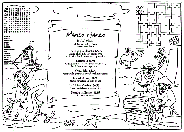 Pirate Kid's Coloring Placemats for Restaurants, Printing